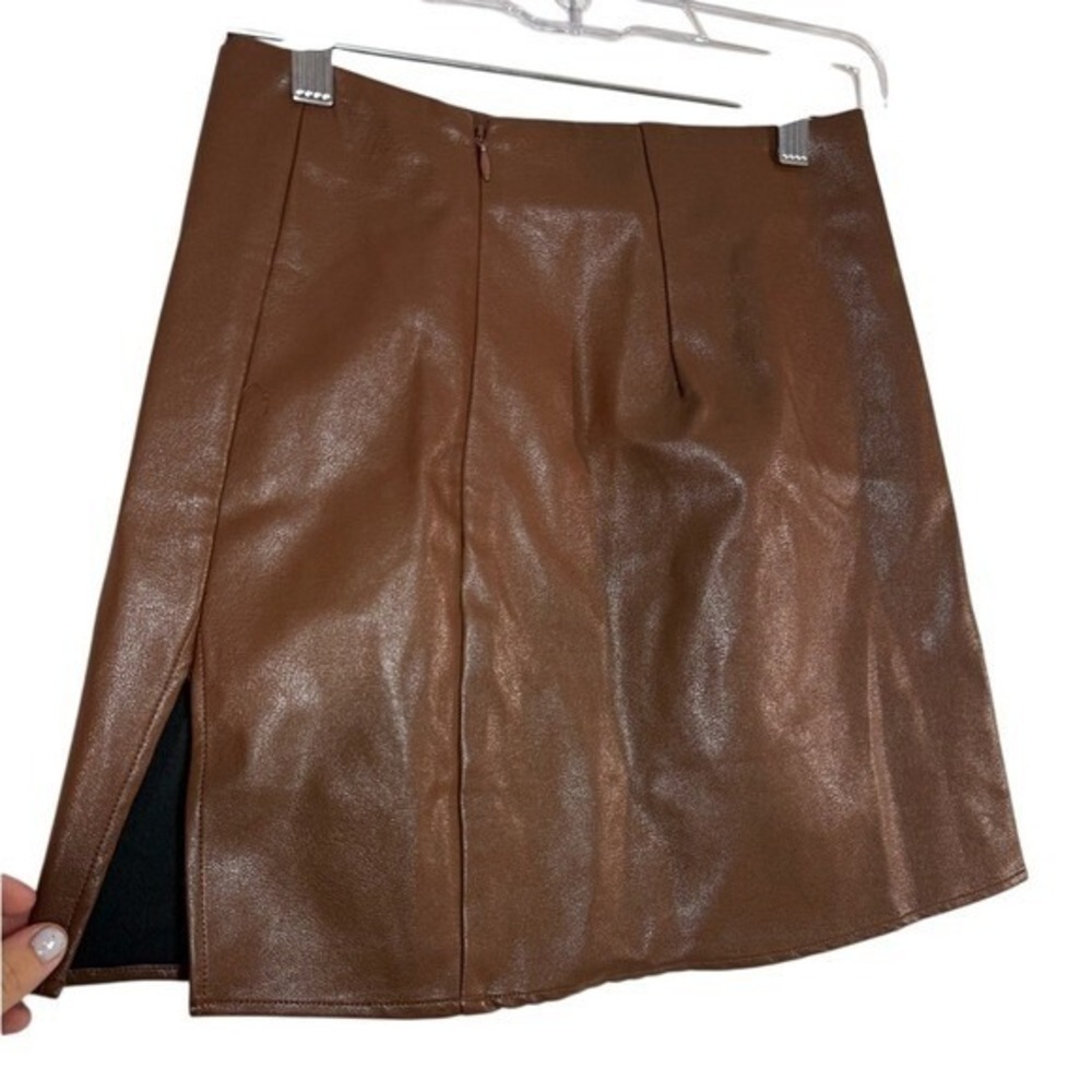 Beige Botang Faux Leather Mini Skirt Womens Small Brown Excellent Side Slit